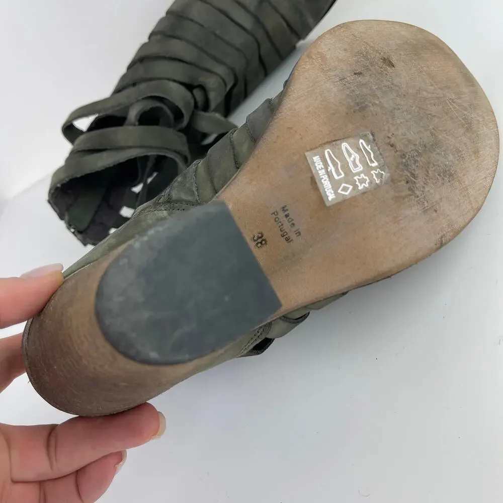 Free People Hybrid Gray Green Leather Strappy Ankle Boots Wood Heel 38 7.5/8